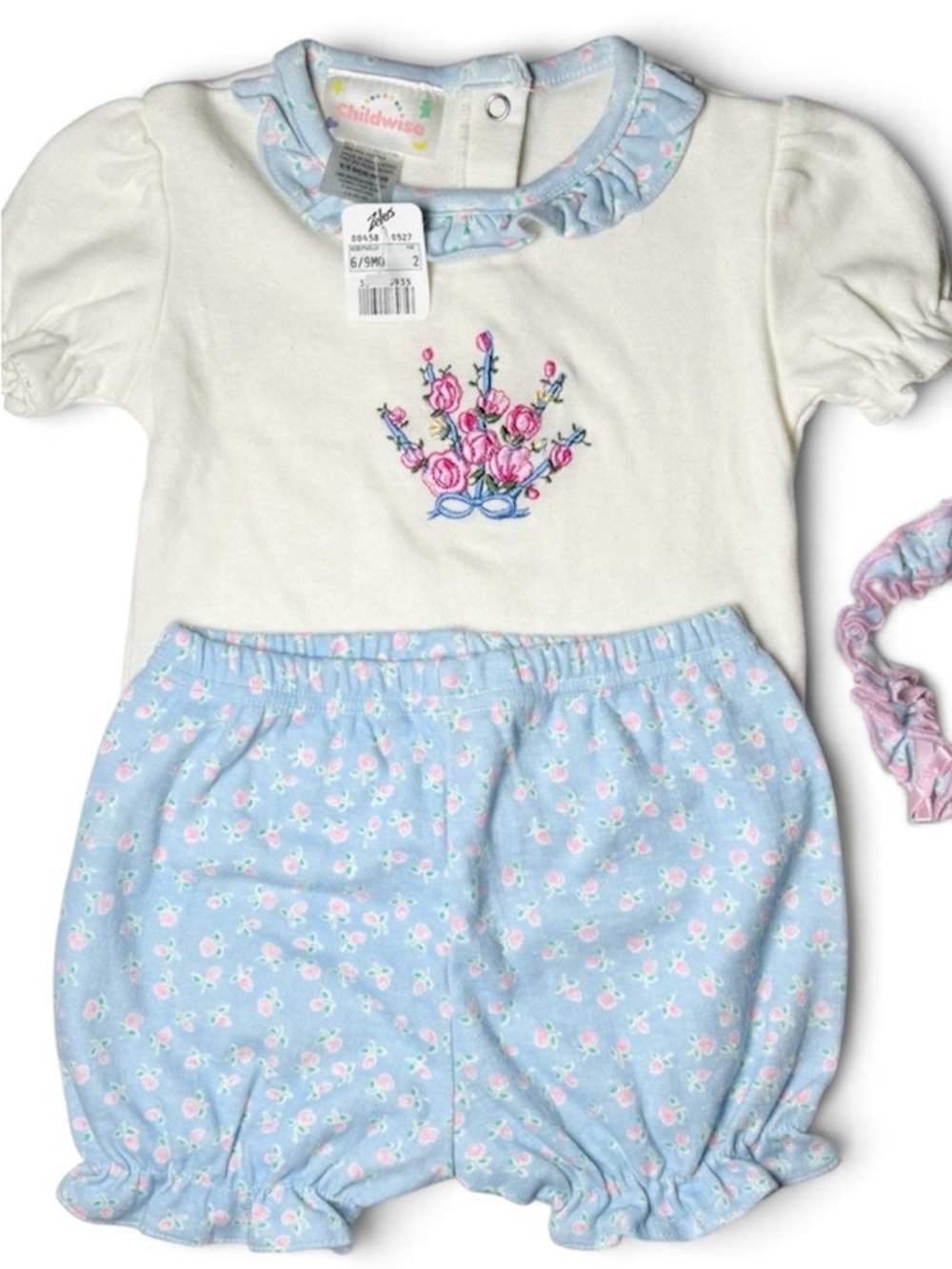 NWT Vintage 90s Childwise Floral Embroidered Top Bloomer & Headband 3PC Set